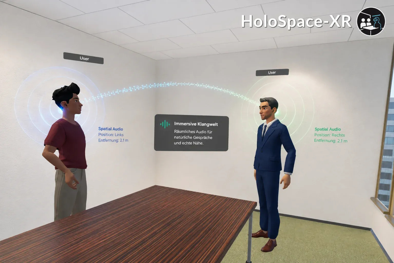 Two avatars in a meeting room with spatial audio cues showing direction and distance